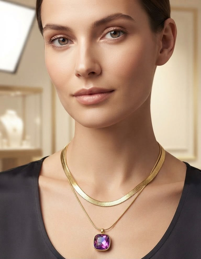 Anti-tarnish Double Layer Necklace with pink stone pendant | 316L Stainless Steel