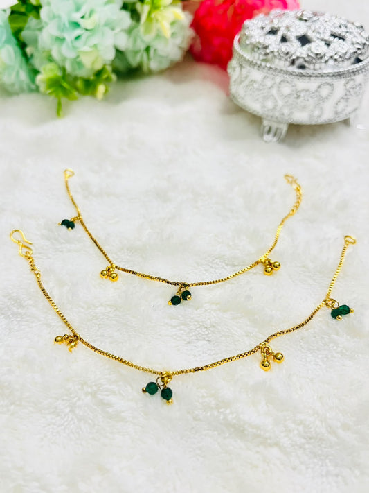 Anklets with hanging green and golden balls | Gold Plated